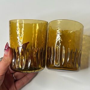 Vintage Amber Glass Tumblers Set of 2 Retro 1970s Textured Drinking Glasses